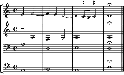 {
#(set-global-staff-size 18)
<< \new StaffGroup <<
\new Staff <<
\clef treble \time 2/2
\relative c' {
\clef treble \time 2/2
e2 f2~ f4 e d2~ d4 \once \set suggestAccidentals = ##t cis8 b \once \set suggestAccidentals = ##t cis!2 d1\fermata
}
>>
\new Staff <<
\clef treble \time 2/2
\new Voice \relative c' {
r2 a f g a1 a1\fermata
}
>>
\new Staff <<
\clef bass \time 2/2
\new Voice \relative c' {
a1 d, e d\fermata
}
>>
\new Staff <<
\clef bass \time 2/2
\new Voice \relative c {
a1 bes a d\fermata \bar "|."
}
>>
>>
>> }