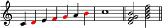 {
\override Score.TimeSignature #'stencil = ##f
\relative c' {
\clef treble
\time 7/4 c4 \once \override NoteHead.color = #red d e \once \override NoteHead.color = #red f \once \override NoteHead.color = #red g a \once \override NoteHead.color = #red b \time 4/4 c1 \bar "||"
\time 4/4 <d, f g b>2 <g b d f> \bar "||"
} }