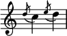{
\override Score.TimeSignature #'stencil = ##f
\relative c'' {
\time 2/4
\slashedGrace { d8( } c4)
\slashedGrace { e8( } d4)
}
}