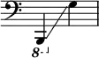 {
\override Score.SpacingSpanner.strict-note-spacing = ##t
\set Score.proportionalNotationDuration = #(ly:make-moment 1/8)
\override Score.TimeSignature #'stencil = ##f
\relative c {
\time 2/4
\clef bass
\ottava #-1 b,,4 \glissando \ottava #0 g'''
}
}