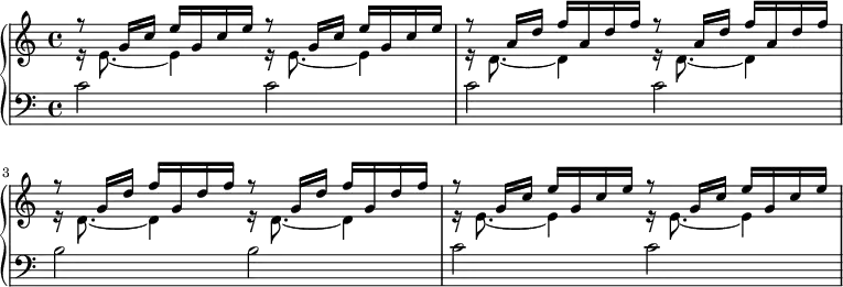 {
<<
\new PianoStaff <<
\new Staff <<
\clef treble \key c \major \time 4/4
\new Voice \relative c'' {
\voiceOne r8 g16 c e g, c e r8 g,16 c e g, c e
r8 a,16 d f a, d f r8 a,16 d f a, d f
r8 g,16 d' f g, d' f r8 g,16 d' f g, d' f
r8 g,16 c e g, c e r8 g,16 c e g, c e
}
\new Voice \relative c' {
\voiceTwo r16 e8._~ e4 r16 e8._~ e4
r16 d8._~ d4 r16 d8._~ d4
r16 d8._~ d4 r16 d8._~ d4
r16 e8._~ e4 r16 e8._~ e4
}
>>
\new Staff <<
\clef bass \key c \major \time 4/4
\new Voice \relative c' {
c2 c c c b b c c
}
>> >>
>> }