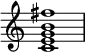 {
\override Score.TimeSignature #'stencil = ##f
\relative c' {
\clef treble \time 4/4
<c e g b fis'>1
} }
