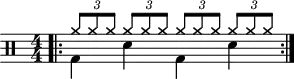 \version "2.22.0"
\header { tagline = ##f}
\score {
\drums \with {midiInstrument = "drums"}
\with { \numericTimeSignature }
{
\repeat volta 2 {
<<{\bar ".|:"
\tuplet 3/2 {cymra8 cymra cymra}
\tuplet 3/2 {cymra cymra cymra}
\tuplet 3/2 {cymra cymra cymra}
\tuplet 3/2 {cymra cymra cymra}}\\{bd4 sne bd sne }>>\break
}
}
\layout {}
}
\score {
\unfoldRepeats {
\drums \with {midiInstrument = "drums"}{
\repeat volta 2 {
<<{\tuplet 3/2 {cymra8 cymra cymra}
\tuplet 3/2 {cymra cymra cymra}
\tuplet 3/2 {cymra cymra cymra}
\tuplet 3/2 {cymra cymra cymra}}\\{bd4 sne bd sne }>>\break
}
}
}
\midi { \tempo 4 = 90 }
}