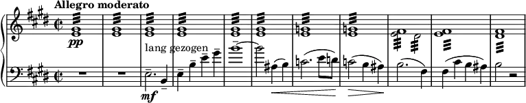 { \new PianoStaff << % This score generates several LilyPond warnings.
\new Staff <<
\new Voice { \set Score.tempoHideNote = ##t \tempo "Allegro moderato" 2 = 60
\clef "treble" \key e \major \set Staff.midiInstrument = #"piano" \relative e \time 2/2 | % 1
s1*8 | % 9
\stemDown e'2 :32 dis'2 :32 s1*2 } % Warning: conflict with event: `tremolo-event'
\new voice { \relative e % Warning: cannot create context: voice
\clef treble | % 1
\stemUp <e' gis'>1 \pp :32 | % 2
<e' gis'>1 :32 | % 3
<e' gis'>1 :32 | % 4
<e' gis'>1 :32 | % 5
<e' gis'>1 :32 | % 6
<e' gis'>1 :32 | % 7
<e' g'>1 :32 | % 8
<e' g'>1 :32 | % 9
fis'1^ :32 | \barNumberCheck #10 % Warning: maybe input should specify polyphonic voices; Warning: adding note head to incompatible stem; Warning: discarding event: `tremolo-event'
<e' fis'>1^ :32 | % 11
<dis' fis'>1 :32 } >>
\new Staff \relative e { \set Staff.midiInstrument = #"piano" \key e \major \clef bass \time 2/2
R1*2 | % 3
e2. \mf ^"lang gezogen" -- b4 -- | % 4
e4 -- b'4 -- e4 -- gis4 -- | % 5
b1 ~ -- | % 6
b2 ais,4 \< ( b4 ) | % 7
c2. ( e8 d8 ) | % 8
c2 \! \> ( b4 ais4 ) | % 9
b2. \! ( fis4 ) | \barNumberCheck #10
fis4 ( cis'4 b4 ais4 ) | % 11
b2 r2 }
>> }