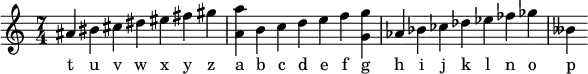 {
<<
\new Voice = "one" {
\relative c''{
\time 7/4
ais bis cis dis eis fis gis
<a a,> b, c d e f <g g,>
as, bes ces des es fes ges
beses,
}
}
\new Lyrics \lyricsto "one" {
t u v w x y z
a b c d e f g
h i j k l n o
p
}
>>
}