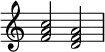 {
\override Score.TimeSignature #'stencil = ##f
\relative c' {
\clef treble \time 4/4
<f a c>2 <d f a>
} }