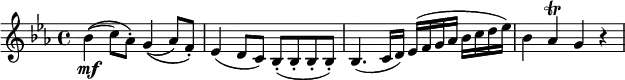 { \tempo 4 = 132 \set Score.tempoHideNote=##t \set Staff.midiInstrument = "violin" \relative bes' { \key es \major \time 4/4
bes4(\( \mf c8) as-.\) g4(\( as8) f-.\) | es4( d8 c) bes-.( bes-. bes-. bes-.) |
bes4.( c16 d) es( f g as bes c d es) | bes4 as \trill g r | }}