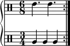 \new PianoStaff <<
\new DrumStaff <<
\drummode {
\set Staff.timeSignatureFraction = 6/8
\set Score.tempoHideNote = ##t \tempo 4 = 120
\repeat volta 2 { tommh4. tommh }
}
>>
\new DrumStaff <<
\drummode {
\set Staff.timeSignatureFraction = 3/4
\repeat volta 2 { tomfh4 tomfh tomfh }
}
>>
>>