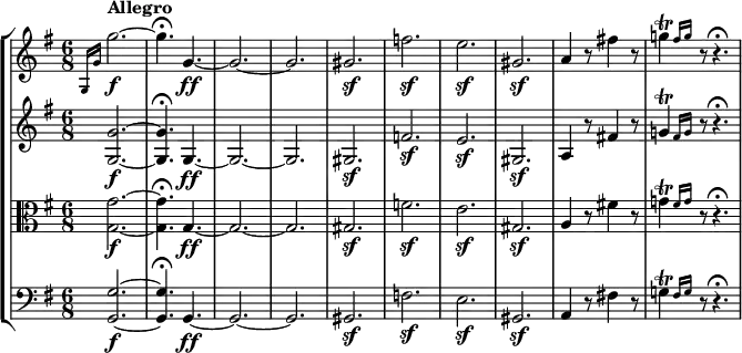 {
<< \new StaffGroup <<
\new Staff <<
\tempo Allegro
\relative c' {
\clef treble \key g \major \time 6/8
\grace { g16 g' } g'2.~\f
g4.\fermata g,4.~\ff
g2.~
g
gis\sf
f'\sf
e\sf
gis,\sf
a4 r8 fis'!4 r8
\afterGrace g!4\trill { fis16 g } r8 r4.\fermata
}
>>
\new Staff <<
\relative c' {
\clef treble \key g \major
\grace { s16 s } <g g'>2.~\f
<g g'>4.\fermata g4.~\ff
g2.~
g
gis\sf
f'\sf
e\sf
gis,\sf
a4 r8 fis'!4 r8
\afterGrace g!4\trill { fis16 g } r8 r4.\fermata
}
>>
\new Staff <<
\relative c' {
\clef alto \key g \major
\grace { s16 s } <g g'>2.~\f
<g g'>4.\fermata g4.~\ff
g2.~
g
gis\sf
f'\sf
e\sf
gis,\sf
a4 r8 fis'!4 r8
\afterGrace g!4\trill { fis16 g } r8 r4.\fermata
}
>>
\new Staff <<
\relative c {
\clef bass \key g \major
\grace { s16 s } <g g'>2.~\f
<g g'>4.\fermata g4.~\ff
g2.~
g
gis\sf
f'\sf
e\sf
gis,\sf
a4 r8 fis'!4 r8
\afterGrace g!4\trill { fis16 g } r8 r4.\fermata
}
>>
>>
>> }
