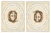 Drawing of reversible female face by Rex Whistler, with ambigram ¡OHO!. 180° rotational symmetry. The face of a young woman changes into a grandmother. Published in 1946.