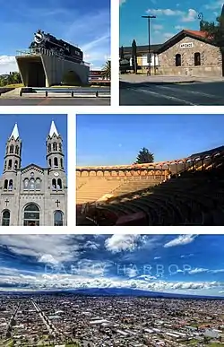 Top:Apizaco little steam locomotive machine (La Maquinita de Apizaco), Piedra House Museum,
Second:Basilica of Santa Maria de la Misericordia (Apizaco Cathedral), Apizaco Bullring (Plaza de toros Apizaco), Bottom:Panoramic view of Apizaco (all item from left to right)