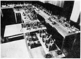 Armstrong's first experimental FM broadcast transmitter W2XDG, in the Empire State Building, New York City, used for secret tests 1934–1935. It transmitted on 41&nbsp;MHz at a power of 2&nbsp;kW.