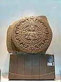 Aztec calendar stone; 1502–1521; basalt; diameter: 3.58&nbsp;m (11.7&nbsp;ft); thick: 98&nbsp;cm (39&nbsp;in); discovered on 17 December 1790 during repairs on the Mexico City Cathedral; National Museum of Anthropology (Mexico City)
