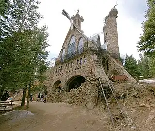 The front half of Bishop Castle from the north. The main tower is over 160&nbsp;ft (49&nbsp;m) tall.