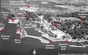 Phase 1 (1950 - 51): Crimson Cove and Mauve Cove are incorporated into the property of the Britannia Yacht Club by using fill/concrete to dam the canal and create the main harbour entrance (1960).