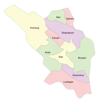 Location of Ardal County in Chaharmahal and Bakhtiari province (left, green)
