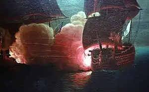 Scipion&nbsp;(1778) raking HMS&nbsp;London during the action of 18 October 1782.