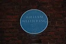 Plaque reads 'William Withering M.D., F.R.S. 1741-1799 Physician and Botanist lived here' and 'Birmingham Civic Society 1988'