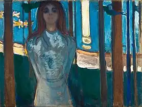 The Voice / Summer Night, 1896, .mw-parser-output .frac{white-space:nowrap}.mw-parser-output .frac .num,.mw-parser-output .frac .den{font-size:80%;line-height:0;vertical-align:super}.mw-parser-output .frac .den{vertical-align:sub}.mw-parser-output .sr-only{border:0;clip:rect(0,0,0,0);clip-path:polygon(0px 0px,0px 0px,0px 0px);height:1px;margin:-1px;overflow:hidden;padding:0;position:absolute;width:1px}90 cm × 119 cm (35+1⁄2 in × 46+3⁄4 in), Munch Museum, Oslo