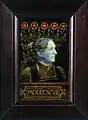rectangular plaque, with image of woman and flowers