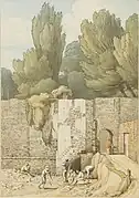 Entrance to the grounds of the Bishop’s Palace, Exeter behind the first house in Southernhay, pen and ink on paper, 1814