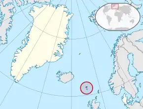 Location of&nbsp;the&nbsp;Faroe Islands&nbsp;(red; circled)in the Kingdom of Denmark&nbsp;(yellow)