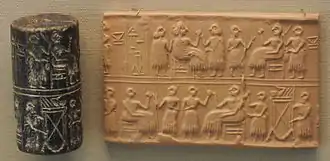 Cylinder seal of Queen Puabi, found in her tomb. Inscription ๐
ค๐๐ฟ ๐ฉ๐Pu-A-Bi-Nin "Queen Puabi". The last word "๐ฉ๐" can either be pronounced Nin โladyโ, or Eresh โqueenโ.