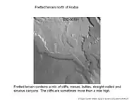 Fretted terrain of Ismenius Lacus showing flat floored valleys and cliffs. Photo taken with Mars Orbiter Camera (MOC)on the Mars Global Surveyor.