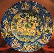Nevers faience; central dish is 58&nbsp;cm across, the main scene is the Rape of Europa, after an illustration of Ovid by François Chauveau, published in 1674