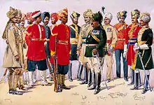 A painted illustration showing a group of men wearing various 19th Century military uniforms&nbsp;– some wearing sand-coloured tunics, some red and some black. All of the men are wearing turbans of various colours.
