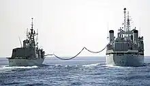 Royal Canadian Navy Frigate HMCS&nbsp;Regina being refueled by AOR HMCS&nbsp;Protecteur in the Pacific Ocean, 2013.