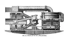 Cutaway view of trunk engine of HMS&nbsp;Bellerophon, showing (on the left) engine cylinder, annular piston and trunk assembly, and connecting rod inside trunk