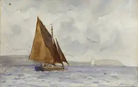 Watercolour of a bawley running up the coast by Henry Scott Tuke, 1858–1929