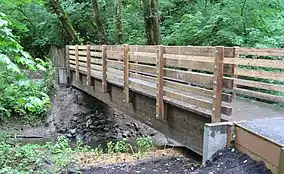 A wooden footbridge about 3 feet (1 m) wide and 30 feet (9.1 m) long spans a small stream flowing through a forest.