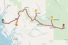 Highway of Tears corridor, including some paved egresses from outlying communities to Highway 16.