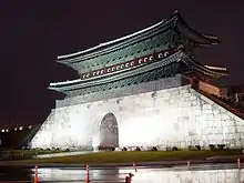 Nighttime view of the interior face