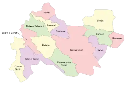 Location of Gilan-e Gharb County in Kermanshah province (bottom, purple)
