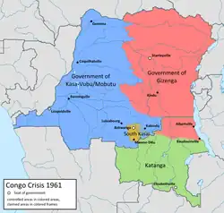 Geographic distribution of the factions in the Congo in 1961, including the State of Katanga