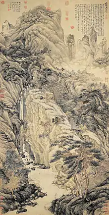 Shen Zhou (Chinese: 沈周, 1427–1509), Lofty Mount Lu (Chinese: 廬山高), Ming dynasty, 1467 (明 成化丁亥), Medium: Hanging scroll, ink and colors on Xuan paper, Dimensions: 193.8 × 98.1&nbsp;cm (height × width), China. Collected by National Palace Museum.