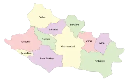 Location of Azna County in Lorestan province (right, purple)