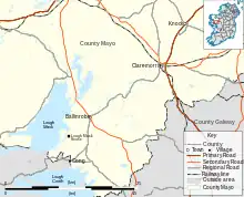 Map of the Lough Mask area of County Mayo, showing the location of Lough Mask House. The house is 6 kilometres (3.7 mi) southwest of Ballinrobe, and 6 km north of Cong; Claremorris is a further 22 kilometres (14 mi) north-east of Ballinrobe.