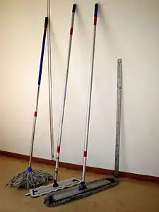 Mop handles From left: Classic yarn mop handle made of aluminum (thread mount), unadjustable aluminum handle for Velcro attached mop (50&nbsp;cm), unadjustable aluminum handle for Velcro attached mop (60&nbsp;cm), scale included for reference.