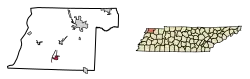 Location of Obion in Obion County, Tennessee.