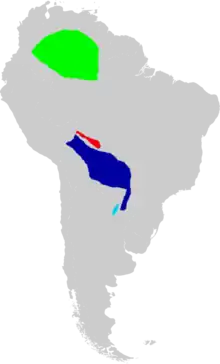 Map of South America marked  green in southeastern Colombia, southern Venezuela, and northwestern  Brazil; red in a narrow strip in northeastern Bolivia; dark blue in much  of eastern Bolivia, much of Paraguay, and nearby Brazil; and light blue  in a small area in northeastern Argentina.