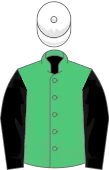 Emerald green, black sleeves, white cap