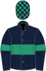 Dark blue, emerald green hoop, emerald green armlet, check cap