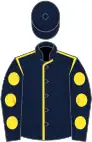 Dark blue, yellow seams, dark blue sleeves, yellow spots, dark blue cap