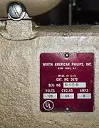 The manufacturer's data plate for one of the two DP70s in the Egyptian Theatre, Hollywood.  It is attached to the pedestal, and therefore the "made in USA" statement is technically correct.  The mechanism, however, was manufactured at the Philips factory in Eindhoven, The Netherlands.