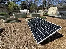 Photovoltaic solar panels provide clean electricity for this land lab.&nbsp; Using local power to operate garden tools, sensors, cameras, and water pumps provides a great example of sustainable energy for students.