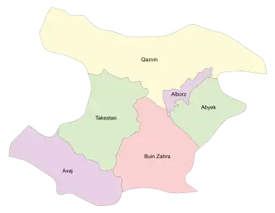 Location of Alborz County in&nbsp;Qazvin&nbsp;province (top, purple)
